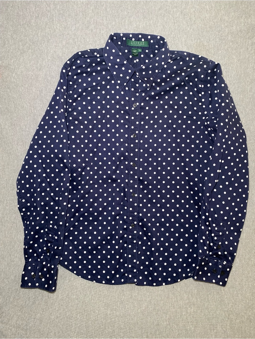 Lauren Ralph Lauren Navy Blue & White Polka Dot Blouse Shirt Medium Petite Large
